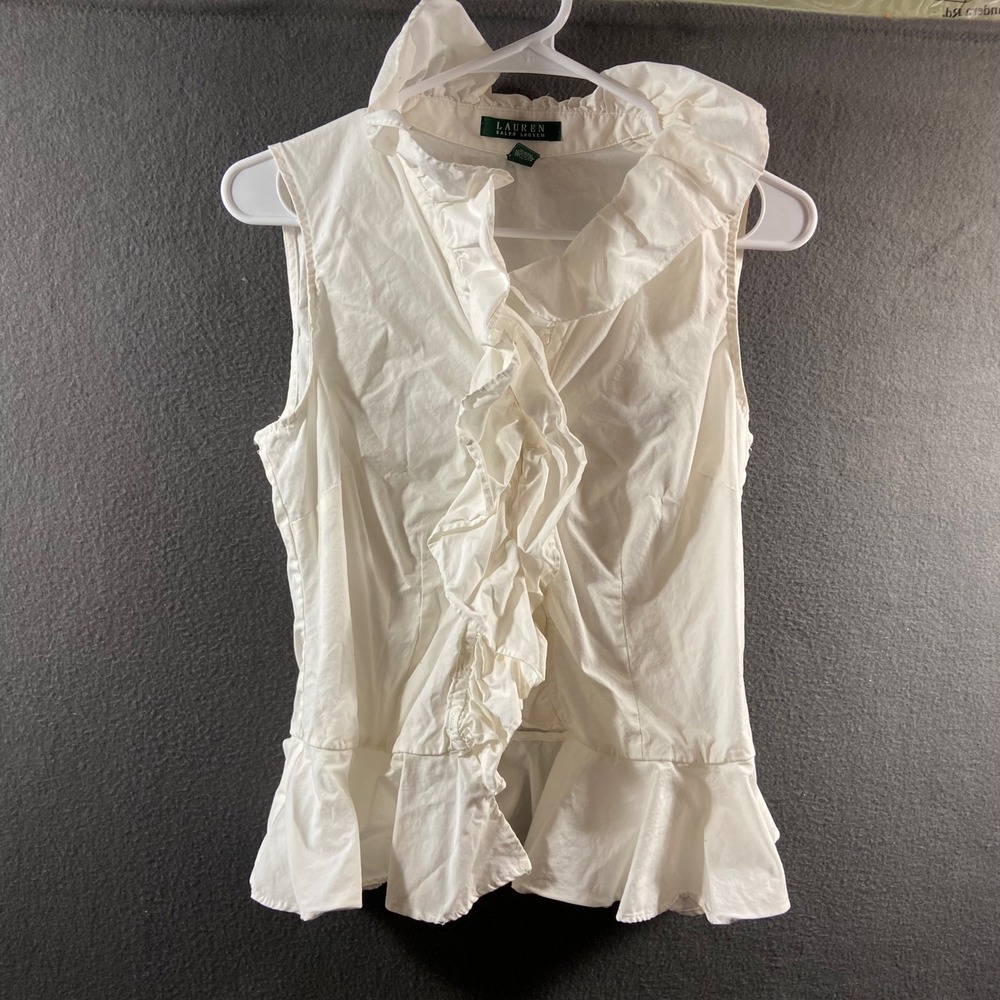 Lauren Ralph Lauren cotton top 8 Blouse Ruffle Sleeveless Peplum White coastal